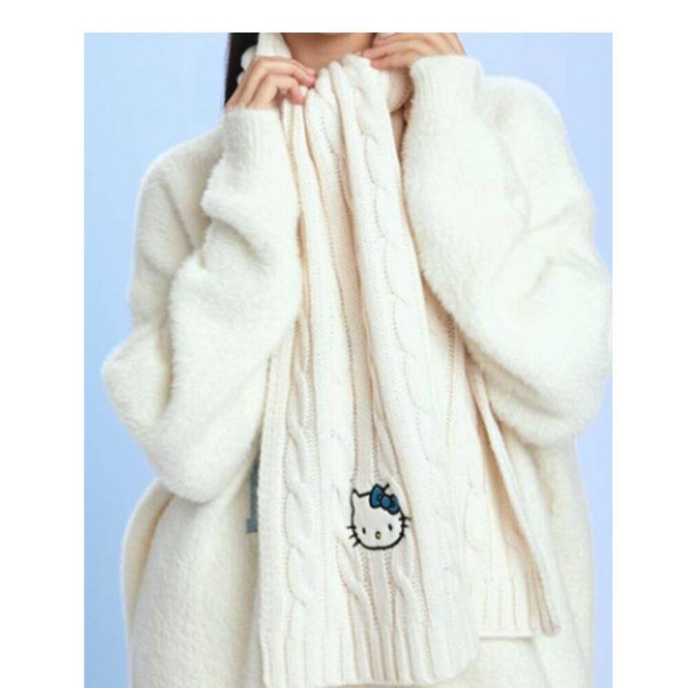Sanrio Women's Hello Kitty Scarf Winter Cable Knit Embroidered Graphic Off White
